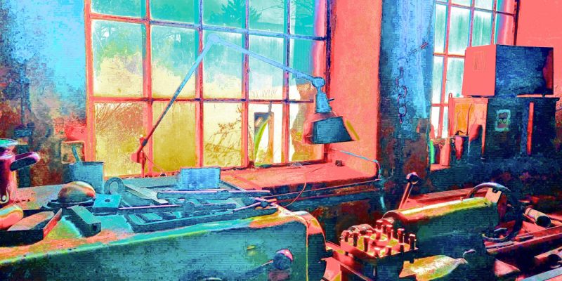 Manufakturen-Blog-PopArt-Projekt: Werkstatt III, ocean (Foto: Wgmar Bressel) - basierend auf einem Foto aus der Schlosserei in der Leinenmanufaktur Hoffmann in Neukirch/Oberlausitz