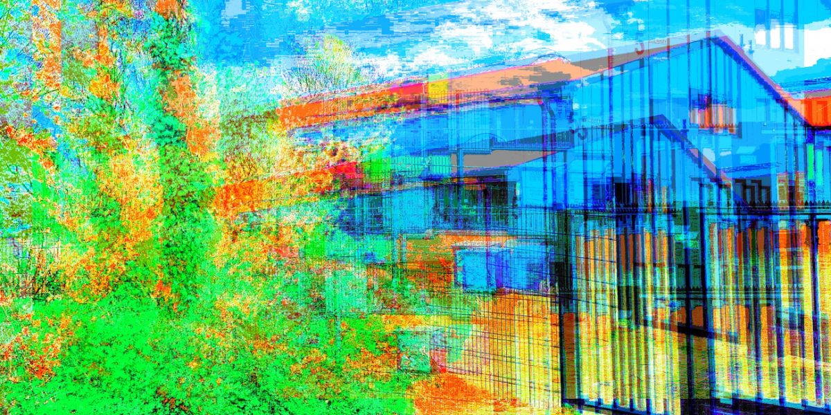 Manufakturen-Blog-PopArt-Projekt: Die Coastland Wollweberei I, hellblau (Foto: Wigmar Bressel) - basierend auf einem Foto vom Produktionsgebäude im niedersächsischen Zetel (Foto: Wigmar Bressel)