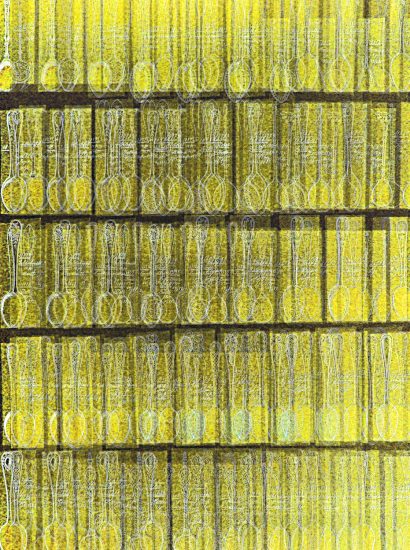 Manufakturen-Blog-PopArt-Projekt: Gelbpause I (Foto: Wigmar Bressel) - basierend auf einem Foto einer Seite aus einem der mehr als 250 Folianten mit mehr als 10 000 technischen Original-Tuschezeichnungen der Silberwarenmanufaktur Koch & Bergfeld in Bremen; hier: Teelöffel