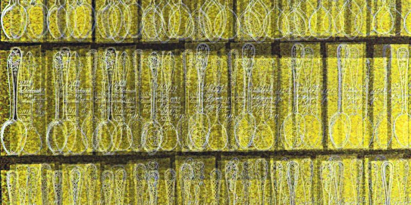 Manufakturen-Blog-PopArt-Projekt: Gelbpause I (Foto: Wigmar Bressel) - basierend auf einem Foto einer Seite aus einem der mehr als 250 Folianten mit mehr als 10 000 technischen Original-Tuschezeichnungen der Silberwarenmanufaktur Koch & Bergfeld in Bremen; hier: Teelöffel