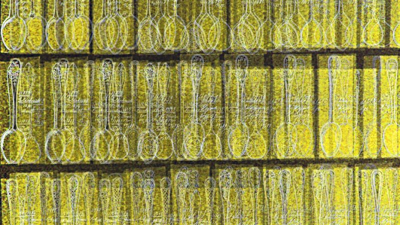 Manufakturen-Blog-PopArt-Projekt: Gelbpause I (Foto: Wigmar Bressel) - basierend auf einem Foto einer Seite aus einem der mehr als 250 Folianten mit mehr als 10 000 technischen Original-Tuschezeichnungen der Silberwarenmanufaktur Koch & Bergfeld in Bremen; hier: Teelöffel