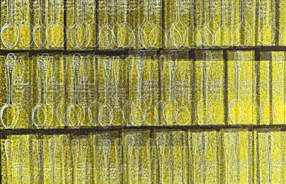 Manufakturen-Blog-PopArt-Projekt: Gelbpause I (Foto: Wigmar Bressel) - basierend auf einem Foto einer Seite aus einem der mehr als 250 Folianten mit mehr als 10 000 technischen Original-Tuschezeichnungen der Silberwarenmanufaktur Koch & Bergfeld in Bremen; hier: Teelöffel