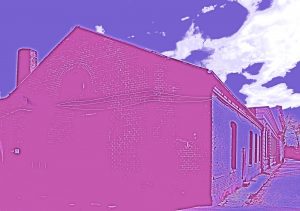 Manufakturen-Blog-PopArt-Projekt: Koch & Bergfeld Silberwarenmanufaktur II, pink (Foto: Wigmar Bressel) - basierend auf einem Foto des Werkskomplexes in der Bremer Neustadt