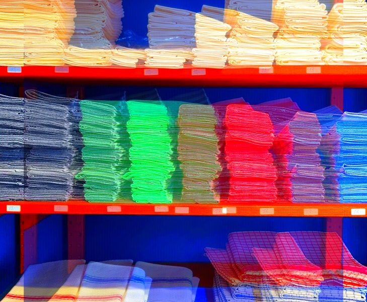 Manufakturen-Blog-PopArt-Projekt: Geschirrtücher, blau (Foto: Wigmar Bressel) - basierend auf einem Foto im Werksverkauf der Leinenweberrei Hoffmann in Neukirch/Lausitz