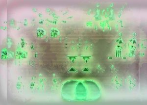 Manufakturen-Blog-PopArt-Projekt: Die dekonstruierte Figurinen-Gruppe, doppelt, grün (Foto: Wigmar Bressel) - basierend auf einem Foto im Museum im Schloss der Porzellanmanufaktur Fürstenberg