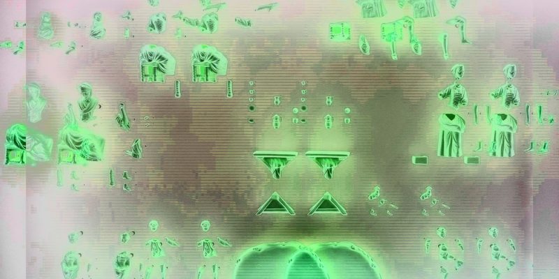 Manufakturen-Blog-PopArt-Projekt: Die dekonstruierte Figurinen-Gruppe, doppelt, grün (Foto: Wigmar Bressel) - basierend auf einem Foto im Museum im Schloss der Porzellanmanufaktur Fürstenberg