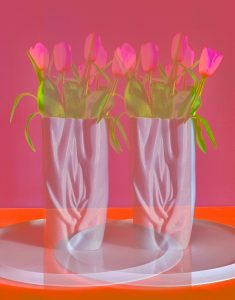 Manufakturen-Blog-PopArt-Projekt: Zwei Vasen, rosa (Foto: Wigmar Bressel) - basierend auf einem Foto einer Vase aus der Porzellanmanufaktur Meissen in Meißen auf einer Servierplatte der Independent-Keramikerin Claudia Schoemig aus Berlin