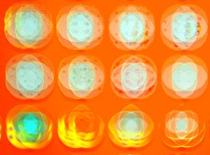 Manufakturen-Blog-PopArt-Projekt: Teller X (Fahnen), orange (Foto: Wigmar Bressel) - basierend auf einem Foto bei Weimar-Porzellan,der Porzellanmanufaktur in Blankenhain; es handelt sich um Teller an einer Wand mit historischen Dekoren aus mehr als 200 Jahren der langen Firmengeschichte (1790 - 2018)...