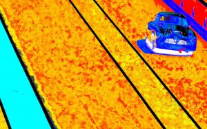 Manufakturen-Blog-PopArt-Projekt: Nachtrennen, türkis (Foto: Wigmar Bressel) - basierend auf einem Foto von Jürgen Betz während des Autorennens 'Le Mans Classic 2018' vom Borgward Hansa Renncoupé 1500, das von der Borgward Zeitmanufaktur, der Uhrenmanuaktur aus Efringen-Kirchen gesponsert wurde