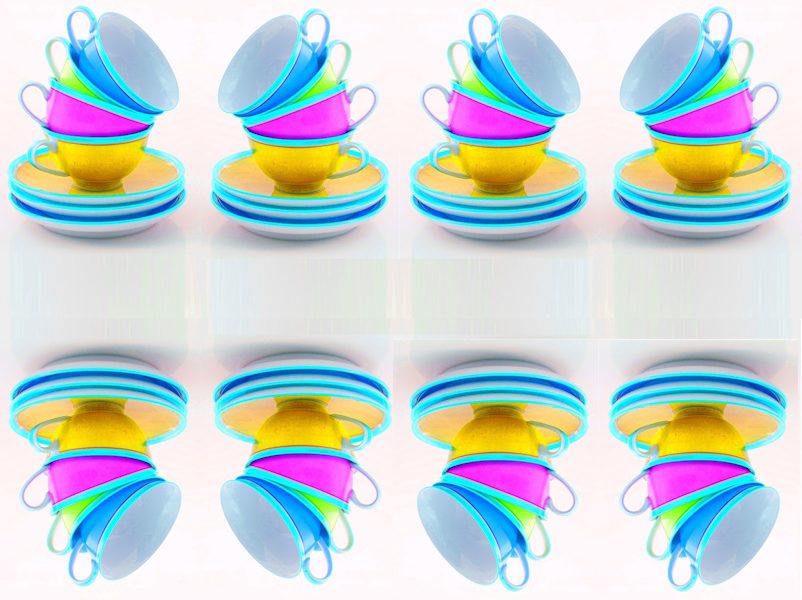 Manufakturen-Blog-PopArt-Projekt: 64 Tassen III, türkis / golden (Foto: Wigmar Bressel) - basierend auf einem Foto von gestapelten Teetassen der Serie 'Colourmix' aus der Porzellanmanufaktur Reichenbach in Thüringen