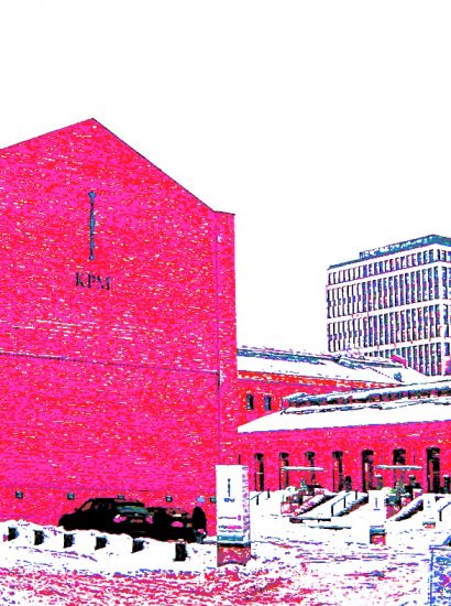 Manufakturen-Blog-PopArt-Projekt: Die Königliche Porzellan-Manufaktur II (Winter), magenta (Foto: Wigmar Bressel) - basierend auf einem Foto des KPM-Quartiers in der Wegelystraße in Berlin