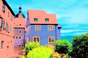 Manufakturen-Blog-PopArt-Projekt: Altes Schloss, lachsfarben (Foto: Wigmar Bressel) - basierend auf einem Foto vom sog. 'Alten Schloss' der drei Dornburger Schlösser; in deren Marstall war in den Jahren 1920 bis 1925 die Keramik-Werkstatt des Bauhauses untergebracht, immer den Blick auf die Schlösser gerichtet und eingebettet in einen opulenten Barockgarten am Steilhang hinunter zur Saale. Gerhard Marcks war der künstlerische Leiter, Marguerite Friedländer seine berühmteste Studentin.