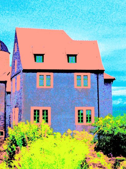 Manufakturen-Blog-PopArt-Projekt: Altes Schloss, lachsfarben (Foto: Wigmar Bressel) - basierend auf einem Foto vom sog. 'Alten Schloss' der drei Dornburger Schlösser; in deren Marstall war in den Jahren 1920 bis 1925 die Keramik-Werkstatt des Bauhauses untergebracht, immer den Blick auf die Schlösser gerichtet und eingebettet in einen opulenten Barockgarten am Steilhang hinunter zur Saale. Gerhard Marcks war der künstlerische Leiter, Marguerite Friedländer seine berühmteste Studentin.