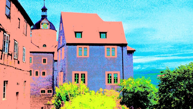 Manufakturen-Blog-PopArt-Projekt: Altes Schloss, lachsfarben (Foto: Wigmar Bressel) - basierend auf einem Foto vom sog. 'Alten Schloss' der drei Dornburger Schlösser; in deren Marstall war in den Jahren 1920 bis 1925 die Keramik-Werkstatt des Bauhauses untergebracht, immer den Blick auf die Schlösser gerichtet und eingebettet in einen opulenten Barockgarten am Steilhang hinunter zur Saale. Gerhard Marcks war der künstlerische Leiter, Marguerite Friedländer seine berühmteste Studentin.