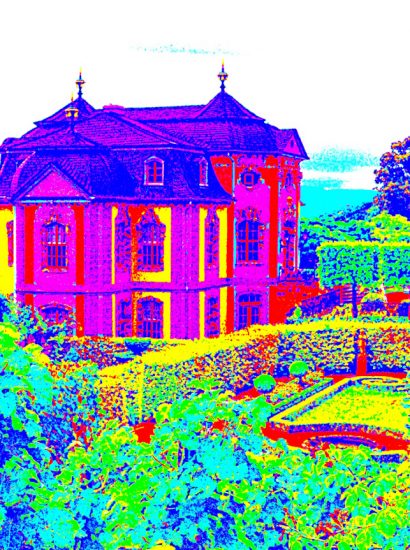 Manufakturen-Blog-PopArt-Projekt: Lustschloss, lila (Foto: Wigmar Bressel) - basierend auf einem Foto vom lieblichen Rokoko-Schlösschen der Dornburger Schlösser gegenüber des Marstalls, in dem in den Jahren 1920 bis 1925 von Walter Gropius die Keramik-Werkstatt des Weimarer Bauhauses untergebracht war. Künstlerischer Leiter war Gerhard Marcks.