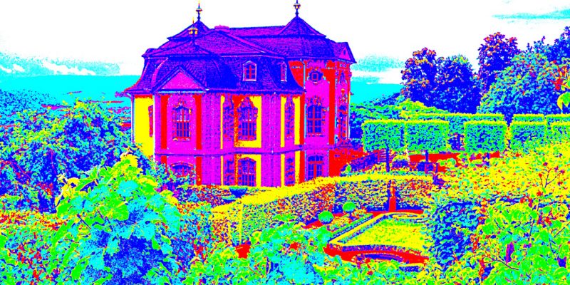 Manufakturen-Blog-PopArt-Projekt: Lustschloss, lila (Foto: Wigmar Bressel) - basierend auf einem Foto vom lieblichen Rokoko-Schlösschen der Dornburger Schlösser gegenüber des Marstalls, in dem in den Jahren 1920 bis 1925 von Walter Gropius die Keramik-Werkstatt des Weimarer Bauhauses untergebracht war. Künstlerischer Leiter war Gerhard Marcks.