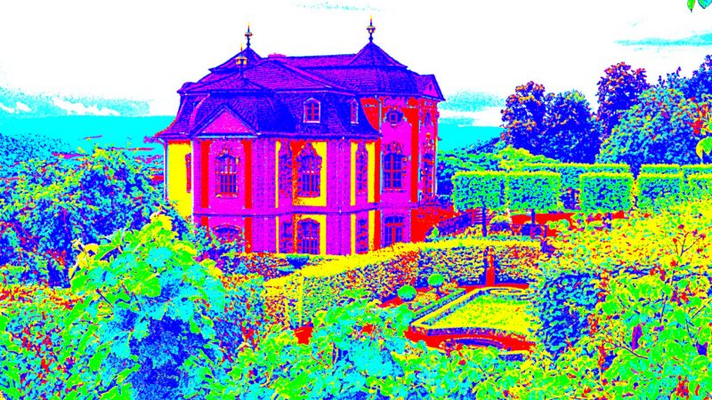 Manufakturen-Blog-PopArt-Projekt: Lustschloss, lila (Foto: Wigmar Bressel) - basierend auf einem Foto vom lieblichen Rokoko-Schlösschen der Dornburger Schlösser gegenüber des Marstalls, in dem in den Jahren 1920 bis 1925 von Walter Gropius die Keramik-Werkstatt des Weimarer Bauhauses untergebracht war. Künstlerischer Leiter war Gerhard Marcks.