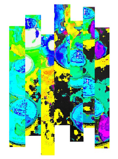 Manufakturen-Blog-PopArt-Projekt: Gläser II (fragmentiert), türkis / gelb (Foto: Wigmar Bressel) - basierend auf einem Foto von der Gläserserie 'Cosmo' am Messestand der Glasmanufaktur Eisch aus Frauenau auf der 'Ambiente 2019'