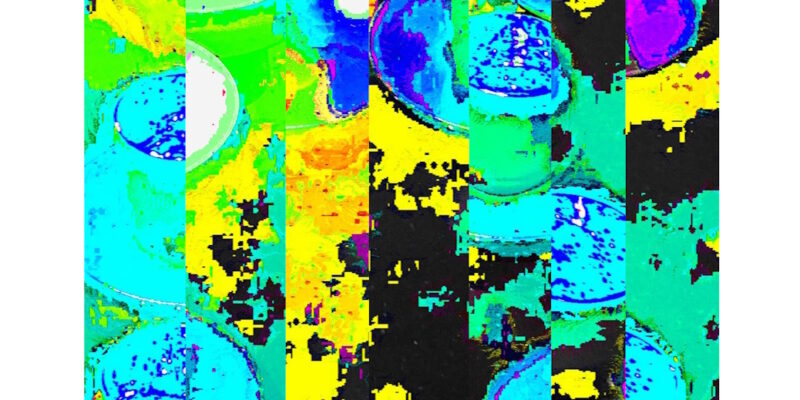 Manufakturen-Blog-PopArt-Projekt: Gläser II (fragmentiert), türkis / gelb (Foto: Wigmar Bressel) - basierend auf einem Foto von der Gläserserie 'Cosmo' am Messestand der Glasmanufaktur Eisch aus Frauenau auf der 'Ambiente 2019'