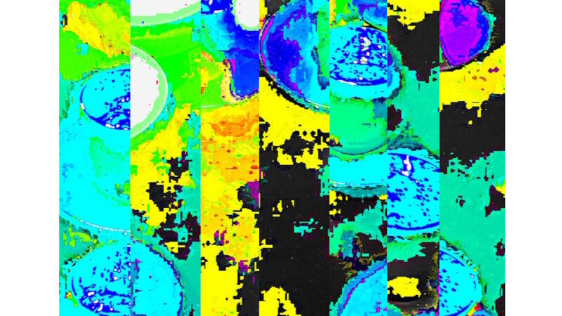 Manufakturen-Blog-PopArt-Projekt: Gläser II (fragmentiert), türkis / gelb (Foto: Wigmar Bressel) - basierend auf einem Foto von der Gläserserie 'Cosmo' am Messestand der Glasmanufaktur Eisch aus Frauenau auf der 'Ambiente 2019'
