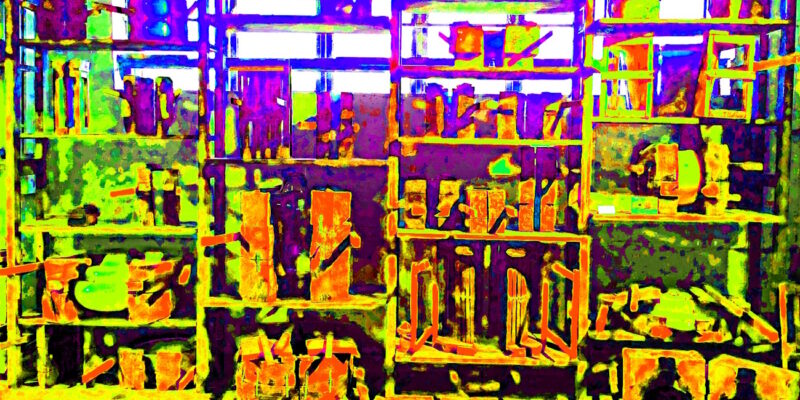 Manufakturen-Blog-PopArt-Projekt: Formenlager, bunt (Foto: Wigmar Bressel) - basierend auf einem Foto in der Produktion der Glasmanufaktur Harzkristall in Derenburg in Sachsen-Anhalt