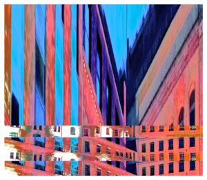 Manufakturen-Blog-PopArt-Projekt: Die Königliche Porzellan-Manufaktur IV (Nacht, fragmentiert), lachsfarben (Foto: Wigmar Bressel) - basierend auf einem Foto des KPM-Quartiers in der Wegelystraße in Berlin