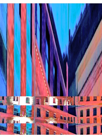 Manufakturen-Blog-PopArt-Projekt: Die Königliche Porzellan-Manufaktur IV (Nacht, fragmentiert), lachsfarben (Foto: Wigmar Bressel) - basierend auf einem Foto des KPM-Quartiers in der Wegelystraße in Berlin
