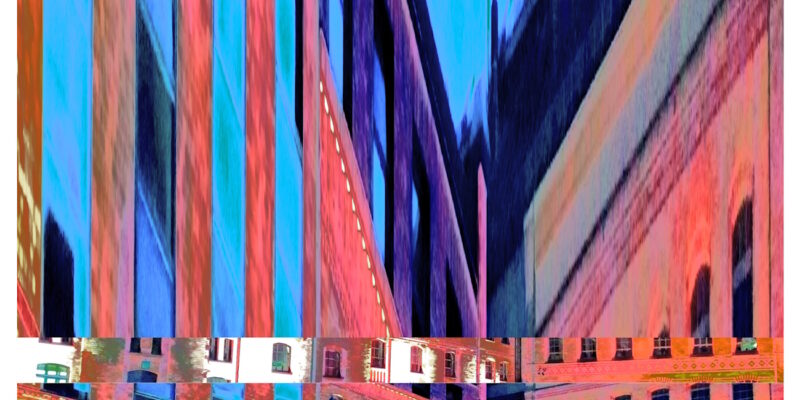 Manufakturen-Blog-PopArt-Projekt: Die Königliche Porzellan-Manufaktur IV (Nacht, fragmentiert), lachsfarben (Foto: Wigmar Bressel) - basierend auf einem Foto des KPM-Quartiers in der Wegelystraße in Berlin