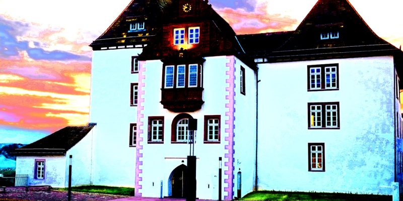 Manufakturen-Blog-PopArt-Projekt: Die Porzellanmanufaktur Fürstenberg IV, weiß (Foto: Wigmar Bressel) - basierend auf einem Foto von Martin Specht vom ehemaligen Jagdschloss der Braunschweig-Wolfenbütteler Herzöge hoch über der Weser, in dem seit dem Jahr 1747 die Porzellanmanufaktur und heute das dazugehörige Porzellanmuseum untergebracht wurden