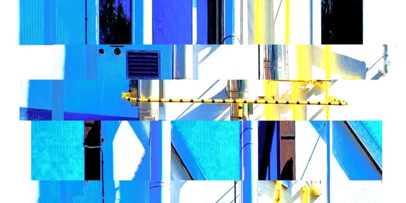 Manufakturen-Blog-PopArt-Projekt: Die Porzellanmanufaktur Fürstenberg VI (fragmentiert), blau (Foto: Wigmar Bressel) - basierend auf einem Foto des heutigen Produktionsgebäudes am Schloss