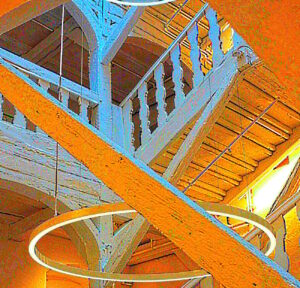 Manufakturen-Blog-PopArt-Projekt: Porzellanmuseum Schloss Fürstenberg, orange (Foto: Wigmar Bressel) - basierend auf einem Ausschnitt eines Fotos von Martin Specht im Treppenhaus des historischen Jagdschlosses der Braunschweiger Herzöge in Fürstenberg an der Weser, das heute das Museum der Porzellanmanufaktur Fürstenberg beherbergt