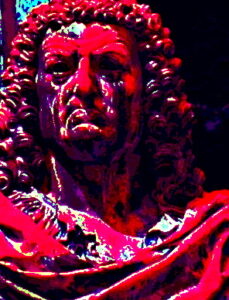 Manufakturen-Blog-PopArt-Projekt: Johann Friedrich Böttger (1682 - 1719), rot (Foto: Wigmar Bressel) - basierend auf einem Foto der Statue Böttgers mit Blick auf die Meissen-Welt in Meißen; er war derjenige, der für den sächsischen Kurfürsten August der Starke Gold herstellen wollte - und stattdessen das Böttger-Steinzeug erfand, den Vorläufer des heutigen Meissener Porzellans