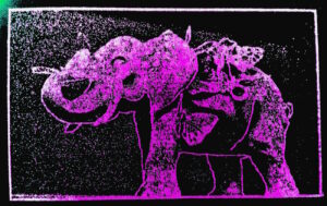 Manufakturen-Blog-PopArt-Projekt: Pink Elefant (Der Stempel), auf Schwarz (Foto: Wigmar Bressel) - basierend auf einer Plastik - fußend auf einem Modell aus der Gräfenthaler Porzellanmanufaktur - von Maria Volokhova im Rahmen eines Ideenworkshops für zeitgemäße Tierskulpturen im Auftrag der Porzellanmanufaktur Reichenbach in Thüringen; hier in der Ausführung eines Stempels für das #manufakturenblogpopartprojekt