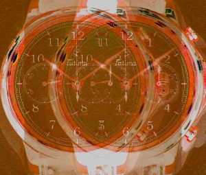 Manufakturen-Blog-PopArt-Projekt: Tempostopp I, rotgold (Foto: Wigmar Bressel) - basierend auf einem Foto in der Produktion des ersten deutschen relevanten Armbanduhrenherstellers Tutima in Glashütte. Bei dem Modell 'Tempostopp' handelt es sich um eine Uhr mit der Komplikation 'Tempostopp' (oder international: 'Flyback'), die es Piloten erlaubt, nach Zeitangaben zu navigieren: "40 Minuten nach Süd-West, dann 15 Minuten nach Süden - da ist der Flughafen..." Der Stoppschalter stellt die kleinen Zusatzuhren jeweils wieder zurück auf Null und lässt sie als Stoppuhren funktionieren.