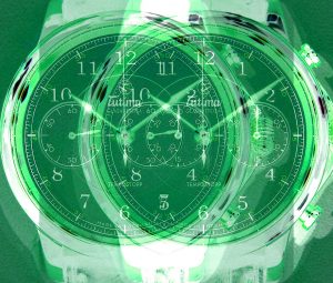 Manufakturen-Blog-PopArt-Projekt: Tempostopp I, grün (Foto: Wigmar Bressel) - basierend auf einem Foto in der Produktion des ersten deutschen relevanten Armbanduhrenherstellers Tutima in Glashütte. Bei dem Modell 'Tempostopp' handelt es sich um eine Uhr mit der Komplikation 'Tempostopp' (oder international: 'Flyback'), die es Piloten erlaubt, nach Zeitangaben zu navigieren: "Zwanzig Minuten Nord-West, 40 Minuten Nord..." und so weiter. Der Stoppschalter stellt die kleinen Zusatzuhren jeweils wieder zurück auf Null und lässt sie als Stoppuhren funktionieren.