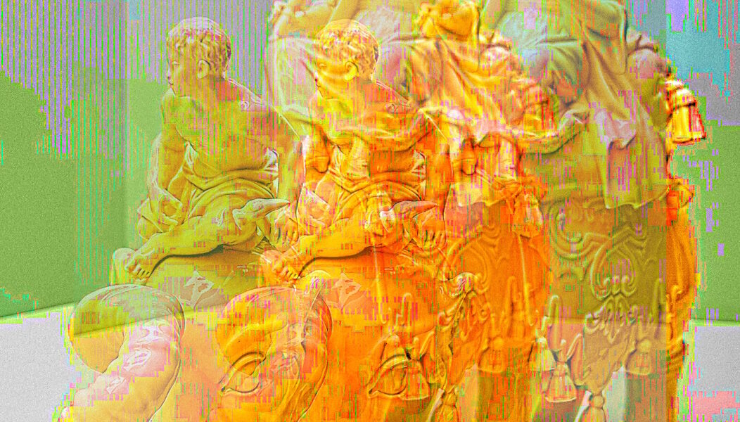 Manufakturen-Blog-PopArt-Projekt: Skulptur IV, golden (Foto: Wigmar Bressel) - basierend auf einem Foto im Grassi-Museum für angewandte Kunst in Leipzig von der Plastik 'Herrscherin auf Elefant (Allegorie des Erdteils Asien)' aus der Porzellanmanufaktur Meissen von Kaendler aus dem Jahr 1745 (Nachfertigung aus dem Jahr 1983, im Eigentum der Bundesrepublik Deutschland)