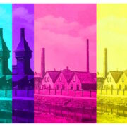 Manufakturen-Blog-PopArt-Projekt: Die Eisenhütte Augustfehn III (fragmentiert), bunt (Foto: Wigmar Bressel) - basierend auf einer historischen Postkarte des Werks, gezeigt im Restaurant und den Ausstellungsräumen des Eisenhütte-Kulturvereins im Eisenhüttenturm