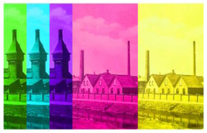 Manufakturen-Blog-PopArt-Projekt: Die Eisenhütte Augustfehn III (fragmentiert), bunt (Foto: Wigmar Bressel) - basierend auf einer historischen Postkarte des Werks, gezeigt im Restaurant und den Ausstellungsräumen des Eisenhütte-Kulturvereins im Eisenhüttenturm
