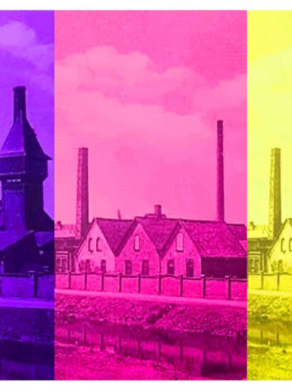 Manufakturen-Blog-PopArt-Projekt: Die Eisenhütte Augustfehn III (fragmentiert), bunt (Foto: Wigmar Bressel) - basierend auf einer historischen Postkarte des Werks, gezeigt im Restaurant und den Ausstellungsräumen des Eisenhütte-Kulturvereins im Eisenhüttenturm