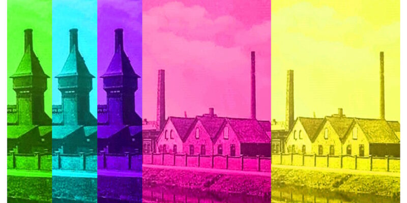 Manufakturen-Blog-PopArt-Projekt: Die Eisenhütte Augustfehn III (fragmentiert), bunt (Foto: Wigmar Bressel) - basierend auf einer historischen Postkarte des Werks, gezeigt im Restaurant und den Ausstellungsräumen des Eisenhütte-Kulturvereins im Eisenhüttenturm
