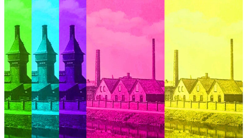 Manufakturen-Blog-PopArt-Projekt: Die Eisenhütte Augustfehn III (fragmentiert), bunt (Foto: Wigmar Bressel) - basierend auf einer historischen Postkarte des Werks, gezeigt im Restaurant und den Ausstellungsräumen des Eisenhütte-Kulturvereins im Eisenhüttenturm
