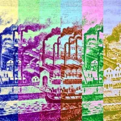 Manufakturen-Blog-PopArt-Projekt: Fabrikstadt II (fragmentiert), bunt (Foto: Wigmar Bressel) - basierend auf einer historischen Radierung des Eisenhütten-Werks Augustfehn, gezeigt im Restaurant und den Ausstellungsräumen des Eisenhütte-Kulturvereins im Eisenhüttenturm