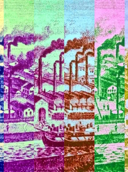 Manufakturen-Blog-PopArt-Projekt: Fabrikstadt II (fragmentiert), bunt (Foto: Wigmar Bressel) - basierend auf einer historischen Radierung des Eisenhütten-Werks Augustfehn, gezeigt im Restaurant und den Ausstellungsräumen des Eisenhütte-Kulturvereins im Eisenhüttenturm