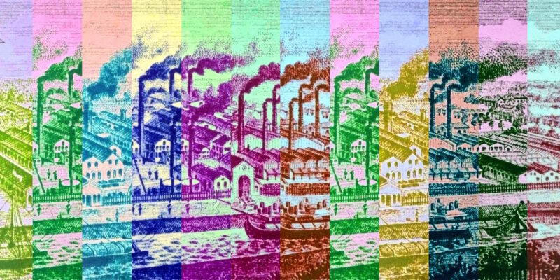 Manufakturen-Blog-PopArt-Projekt: Fabrikstadt II (fragmentiert), bunt (Foto: Wigmar Bressel) - basierend auf einer historischen Radierung des Eisenhütten-Werks Augustfehn, gezeigt im Restaurant und den Ausstellungsräumen des Eisenhütte-Kulturvereins im Eisenhüttenturm