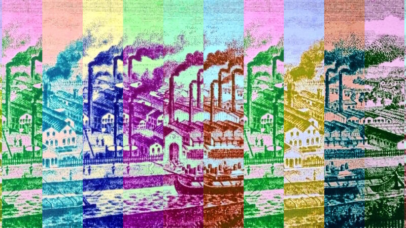 Manufakturen-Blog-PopArt-Projekt: Fabrikstadt II (fragmentiert), bunt (Foto: Wigmar Bressel) - basierend auf einer historischen Radierung des Eisenhütten-Werks Augustfehn, gezeigt im Restaurant und den Ausstellungsräumen des Eisenhütte-Kulturvereins im Eisenhüttenturm