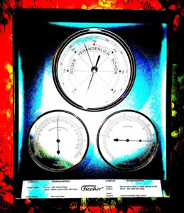 Manufakturen-Blog-PopArt-Projekt: Wetterstation, blau (Foto: Wigmar Bressel) - basierend auf einem Foto der 'Wetterstation 801' bestehend aus Thermometer, Hygrometer und Barometer von Feingerätebau K. Fischer aus Drebach