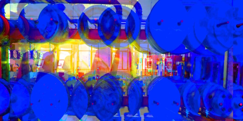 Manufakturen-Blog-PopArt-Projekt: Antriebsscheiben I, ultramarienblau (Foto: Wigmar Bressel) - basierend auf einem Foto von Martin Specht in der Produktion der Messerschmiede Böker in Solingen