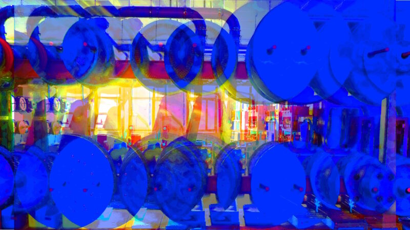 Manufakturen-Blog-PopArt-Projekt: Antriebsscheiben I, ultramarienblau (Foto: Wigmar Bressel) - basierend auf einem Foto von Martin Specht in der Produktion der Messerschmiede Böker in Solingen