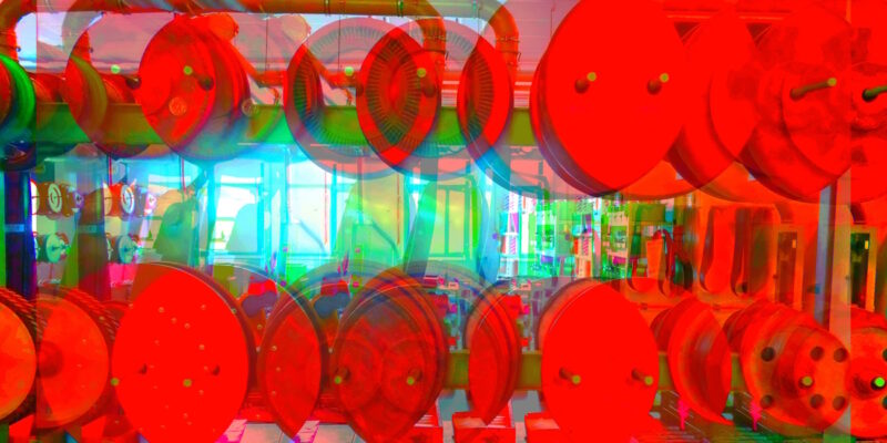 Manufakturen-Blog-PopArt-Projekt: Antriebsscheiben I, rot (Foto: Wigmar Bressel) - basierend auf einem Foto von Martin Specht in der Produktion der Messerschmiede Böker in Solingen