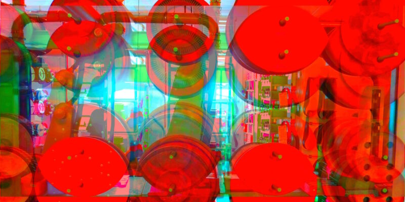Manufakturen-Blog-PopArt-Projekt: Antriebsscheiben II, rot (Foto: Wigmar Bressel) - basierend auf einem Foto von Martin Specht in der Produktion der Messerschmiede Böker in Solingen